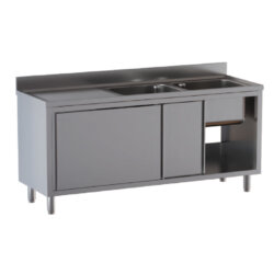 2-Kammer-Schränkewaschbecken mit linker/rechter Abtropffläche und Schiebetüren aus Edelstahl