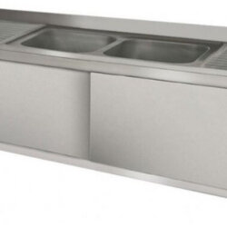 Cabineted 2-basin sink with 2 drip pans and sliding doors