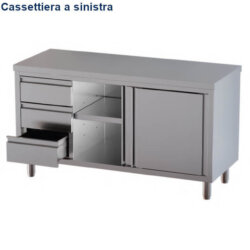 Tavolo inox armadiato neutro con cassettiera e porte scorrevoli interamente in AISI 304 Tavolo inox armadiato neutro con cassettiera e porte scorrevoli interamente in AISI 304