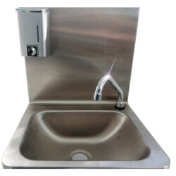 Edelstahl-Waschtisch zur Wandmontage mit rechteckigem Becken, Knieabfluss und Seifenspender Edelstahl-Waschtisch zur Wandmontage mit rechteckigem Becken, Knieabfluss und Seifenspender