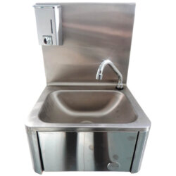 Edelstahl-Waschtisch zur Wandmontage mit rechteckigem Becken, Knieabfluss und Seifenspender Edelstahl-Waschtisch zur Wandmontage mit rechteckigem Becken, Knieabfluss und Seifenspender