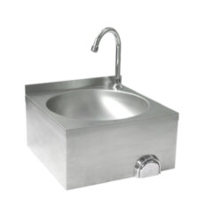 Edelstahl-Waschtisch zur Wandmontage mit rundem Becken, Knieabfluss und Seifenspender