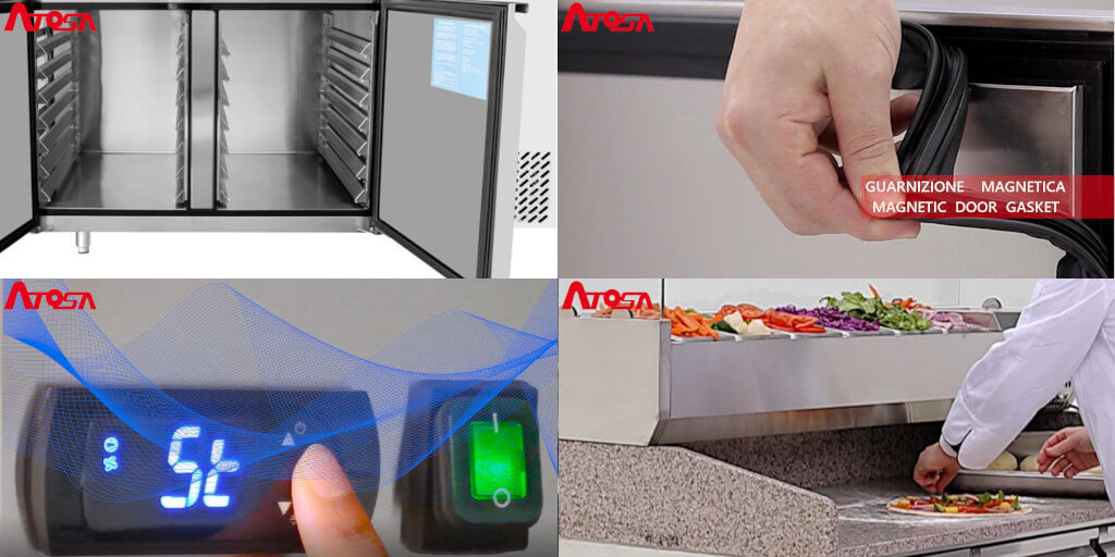 Ventilated refrigerated pizzeria counter 3 doors 2 Mt with display case 10 GN1/4 Atosa Ventilated refrigerated pizzeria counter 3 doors 2 Mt with display case 10 GN1/4 Atosa