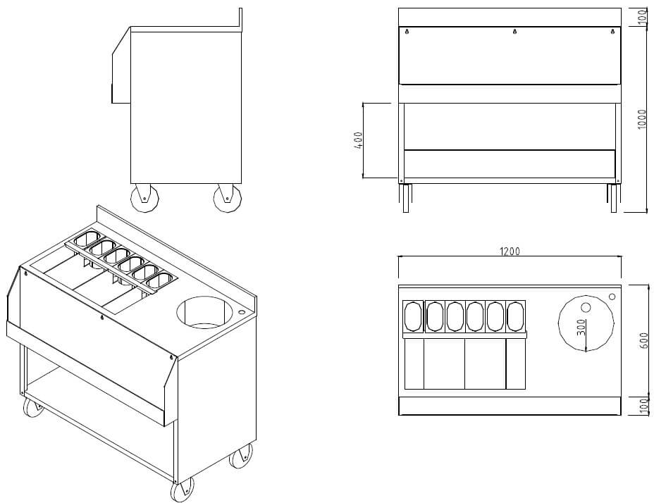 Postazione cocktail station in acciaio inox con ruote 120 cm Postazione cocktail station in acciaio inox con ruote 120 cm