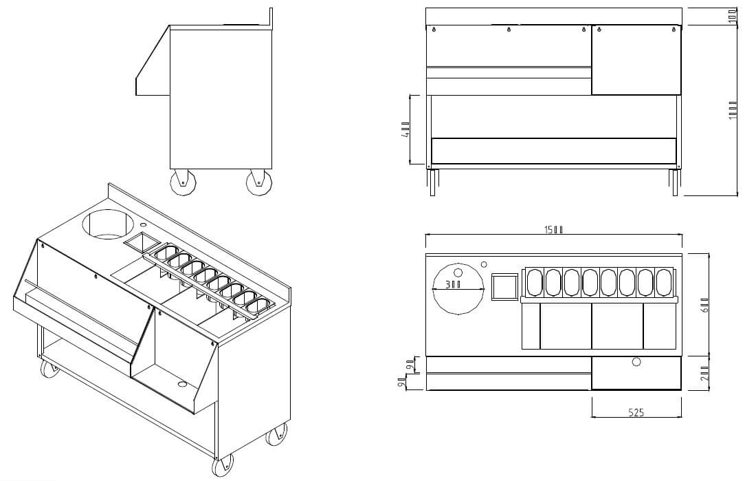Postazione cocktail station in acciaio inox con ruote 150 cm Postazione cocktail station in acciaio inox con ruote 150 cm