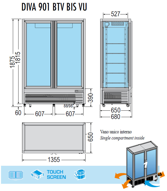 2-türige Kühlvitrine Einzelfach innen +5/-18 °C 800 Lt mit Tecfrigo LED-Beleuchtung 2-türige Kühlvitrine Einzelfach innen +5/-18 °C 800 Lt mit Tecfrigo LED-Beleuchtung