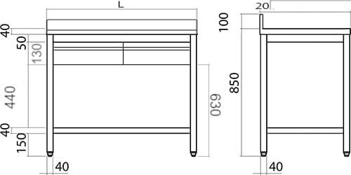 Aisi 304 steel open table with drawers lower top splashback depth 60 cm Aisi 304 steel open table with drawers lower top splashback depth 60 cm
