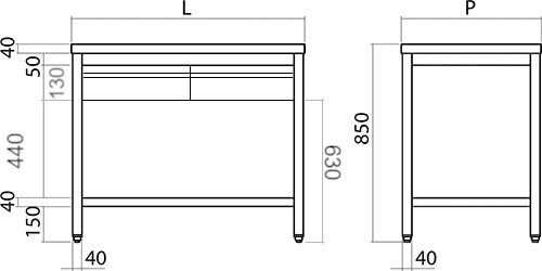 Offener Tisch Stahl Aisi 304 mit Schubladen Tiefe 70 cm Offener Tisch Stahl Aisi 304 mit Schubladen Tiefe 70 cm