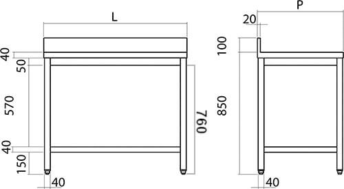 Tavolo a giorno telaio inferiore acciaio Aisi 304 con alzatina profondità 60 cm Tavolo a giorno telaio inferiore acciaio Aisi 304 con alzatina profondità 60 cm