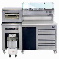 Pizzastation auf Rädern, komplett mit Pizzatheke, Knetofen, Kühlschrank und Vitrine Pizzastation auf Rädern, komplett mit Pizzatheke, Knetofen, Kühlschrank und Vitrine