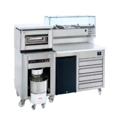 Pizzastation auf Rädern, komplett mit Pizzatheke, Knetofen, Kühlschrank und Vitrine