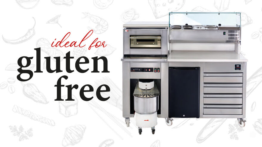 Pizzastation auf Rädern, komplett mit Pizzatheke, Knetofen, Kühlschrank und Vitrine Pizzastation auf Rädern, komplett mit Pizzatheke, Knetofen, Kühlschrank und Vitrine