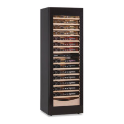 Ventilated wine cellar capacity 110 bottles 2 temperatures +2°+12°C / +12°+20°C frameless glass door removable wooden shelves